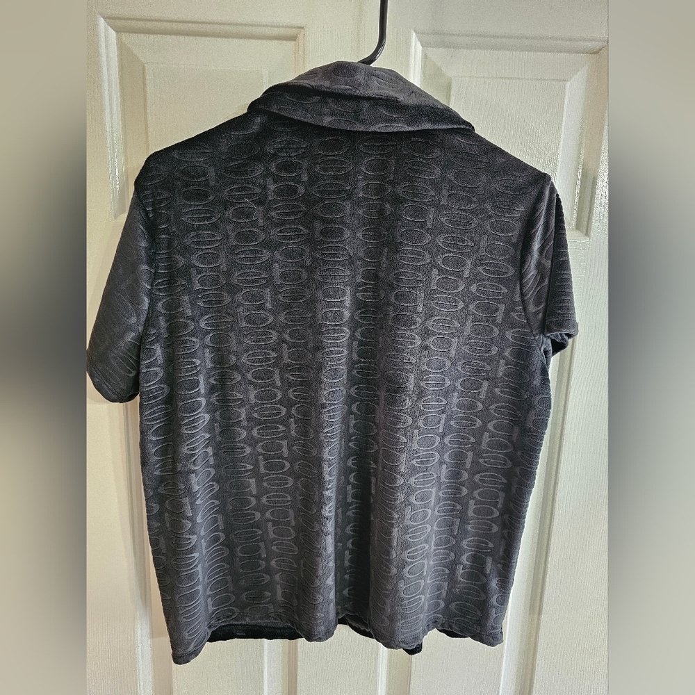 bebe Women Medium Black Velour Monogram Button Shirt Y2K Lounge Sleep Top Cozy - Picture 3 of 6